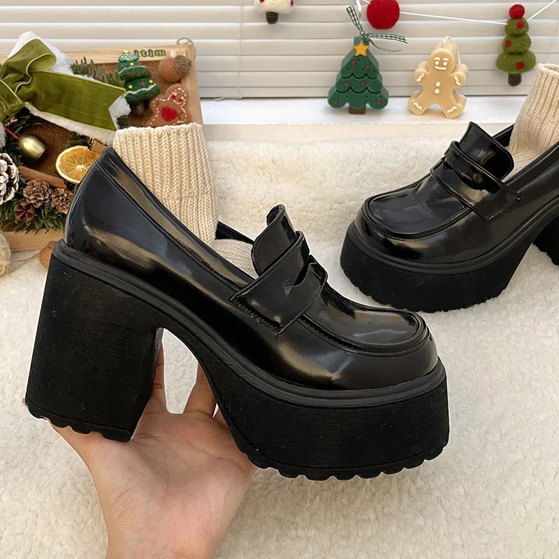 Super High Heels Loafers Women 2024 Autumn Patent Leather Chunky Platform Pumps Woman Slip On Black Jk Uniform Shoes Mary Janes