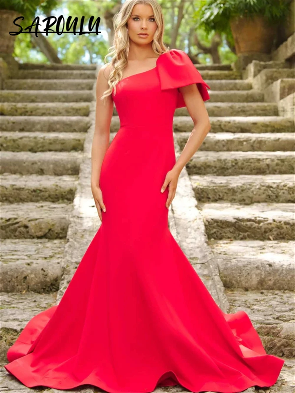 

Plus Size Red Satin Party Gown Fir And Flare Tail Women Evening Dresses Simple Robe De Soriee Prom Gown For Wedding Custom Made