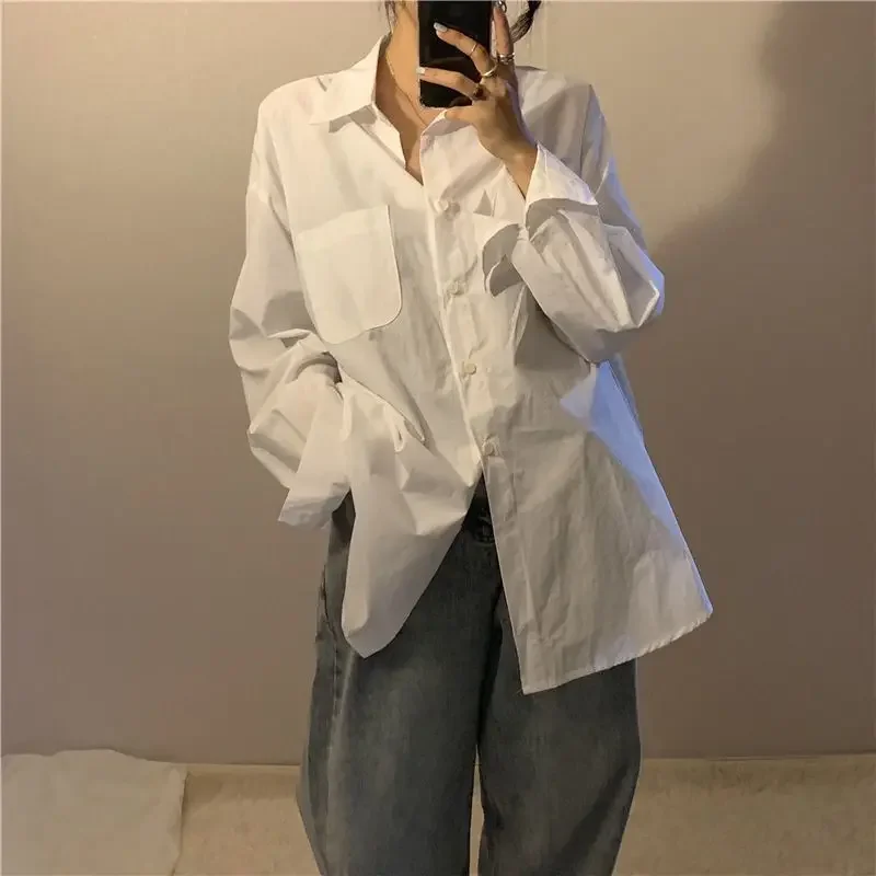 

2025 Women Shirt Long Sleeve Polo-neck Split Blouses Female Solid White Loose Korean Casual Outside Wear Top Women