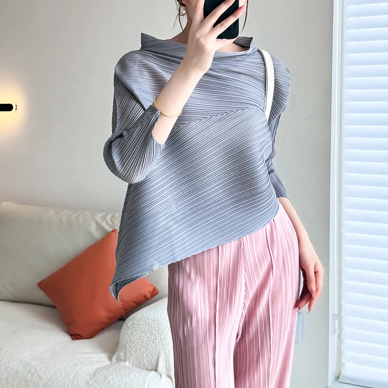 Miyake Pleated Asymmetry Loose Summer Shirt Tops New Fashion Designer Women Half High Collar Long Sleeve Elastic T-Shirt Ladies