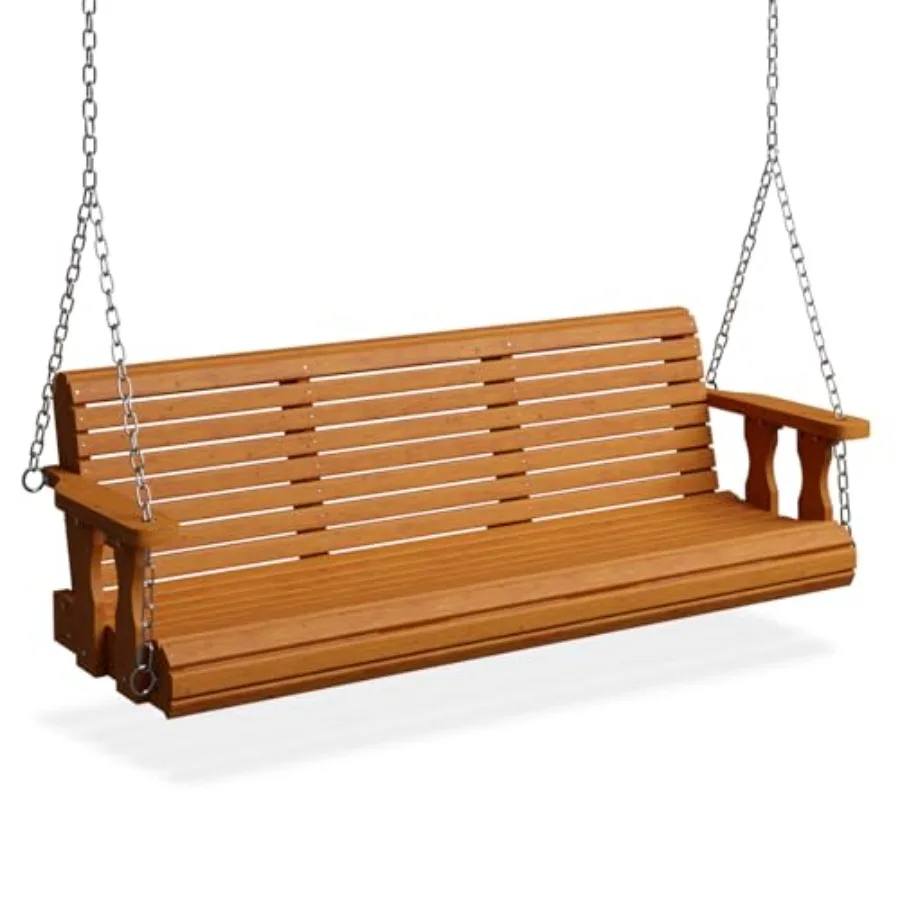 2026 Upgraded Wooden Porch Swing for Outdoor Use, Solid Wood Construction, Natural Brown Finish, 880 LBS Heavy-Duty Capacity
