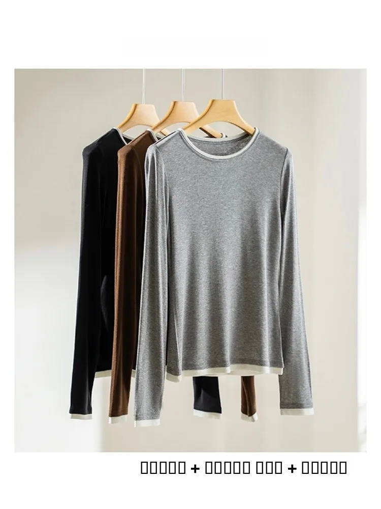 

Корейская базовая футболка из шелка с цветными блоками, женская, с длинным рукавом, круглым вырезом, стандартного кроя, осенне-зимняя новинка