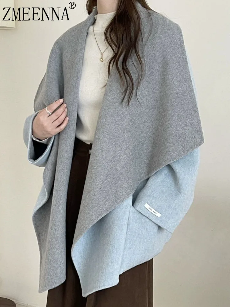 

ZMEENNA Womens Elegant Reversible Wool Blend Cape Coat Open Front Shawl Collar Oversized Fit Warm Winter Outerwear ZM3663