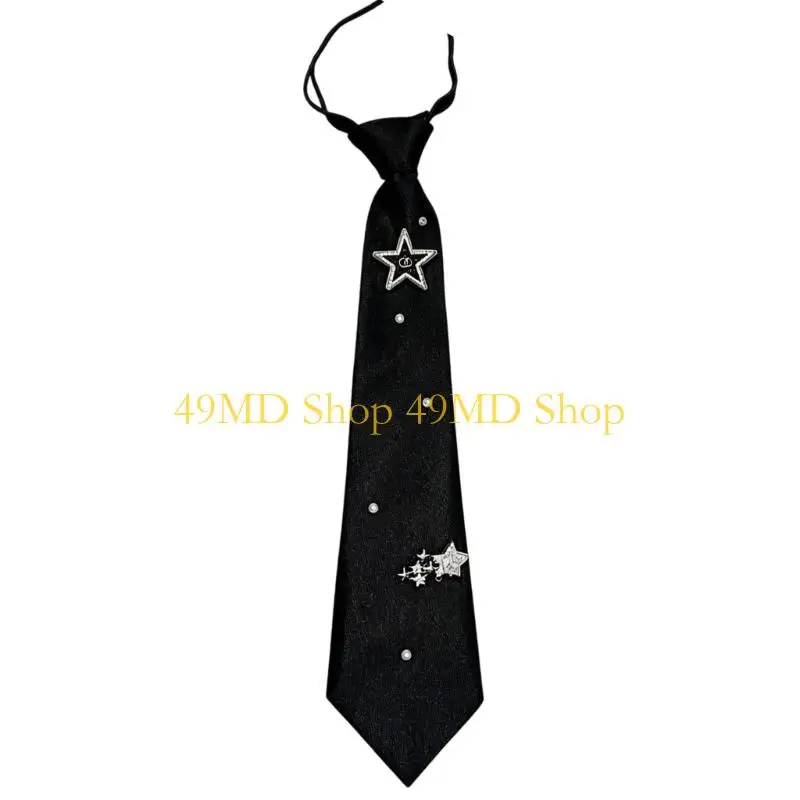 49MD Decorative Necktie, Black Narrow Tie with Fixed Knot and Charm Accents for Office, Class, Party, and Photo Looks