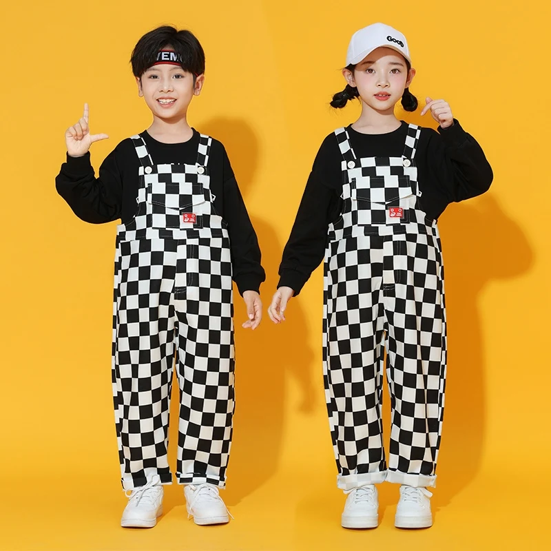 2022 Fashion Kids Clothes Girls Hip Hop Costume Black T-Shirt Plaid Pants Boys Drum Show Clothing Kpop Concert Dance Wear BL8836