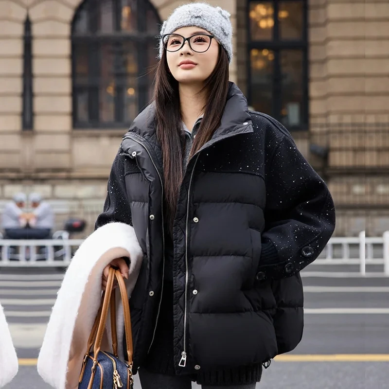 

Korean Style Winter New Fashion Women's Stand Collar Long Sleeve Sequined Casual Trendy Spliced Quilted Coats Female Parkas Tops