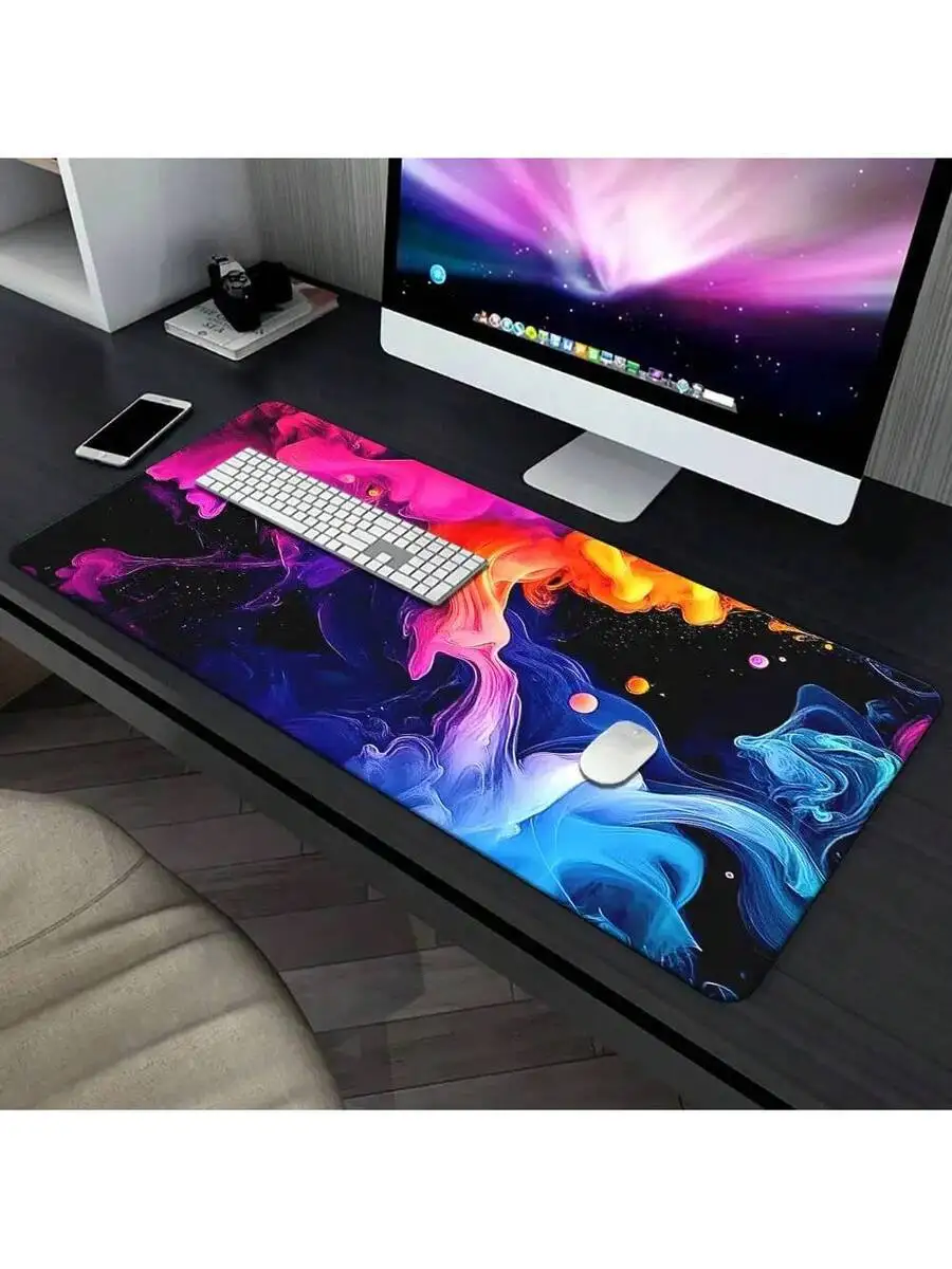 Large Gaming Mouse Pad With Abstract Colorful Fog Design Waterproof Rubber Base Anti-Slip Smooth Surface