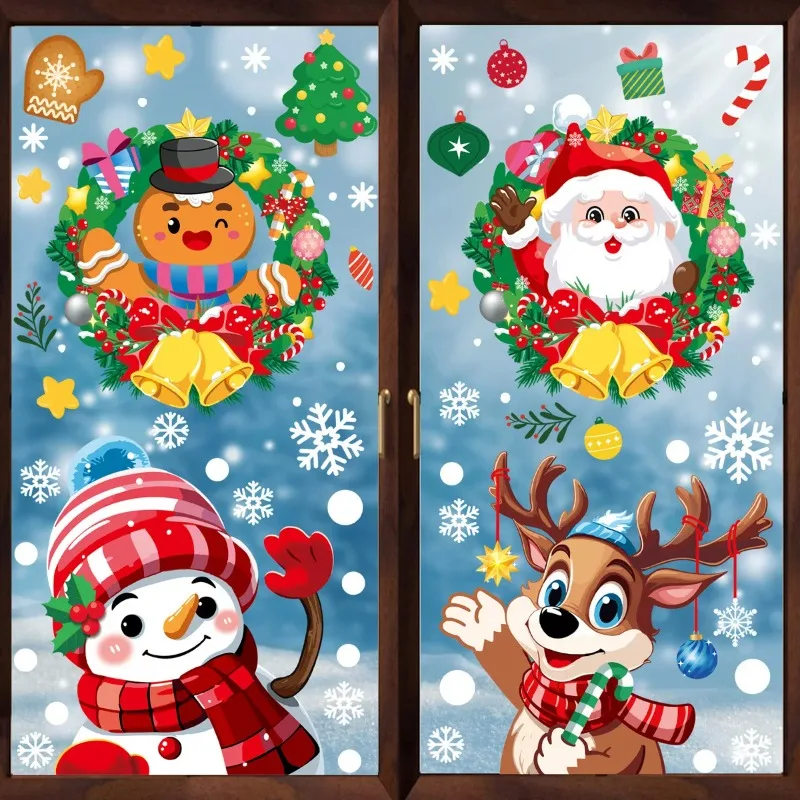 2024 Christmas Decorative Glass Window Stickers Santa Claus Snowman Elk Scene Layout Electrostatic Wall Sticker Happy New Year