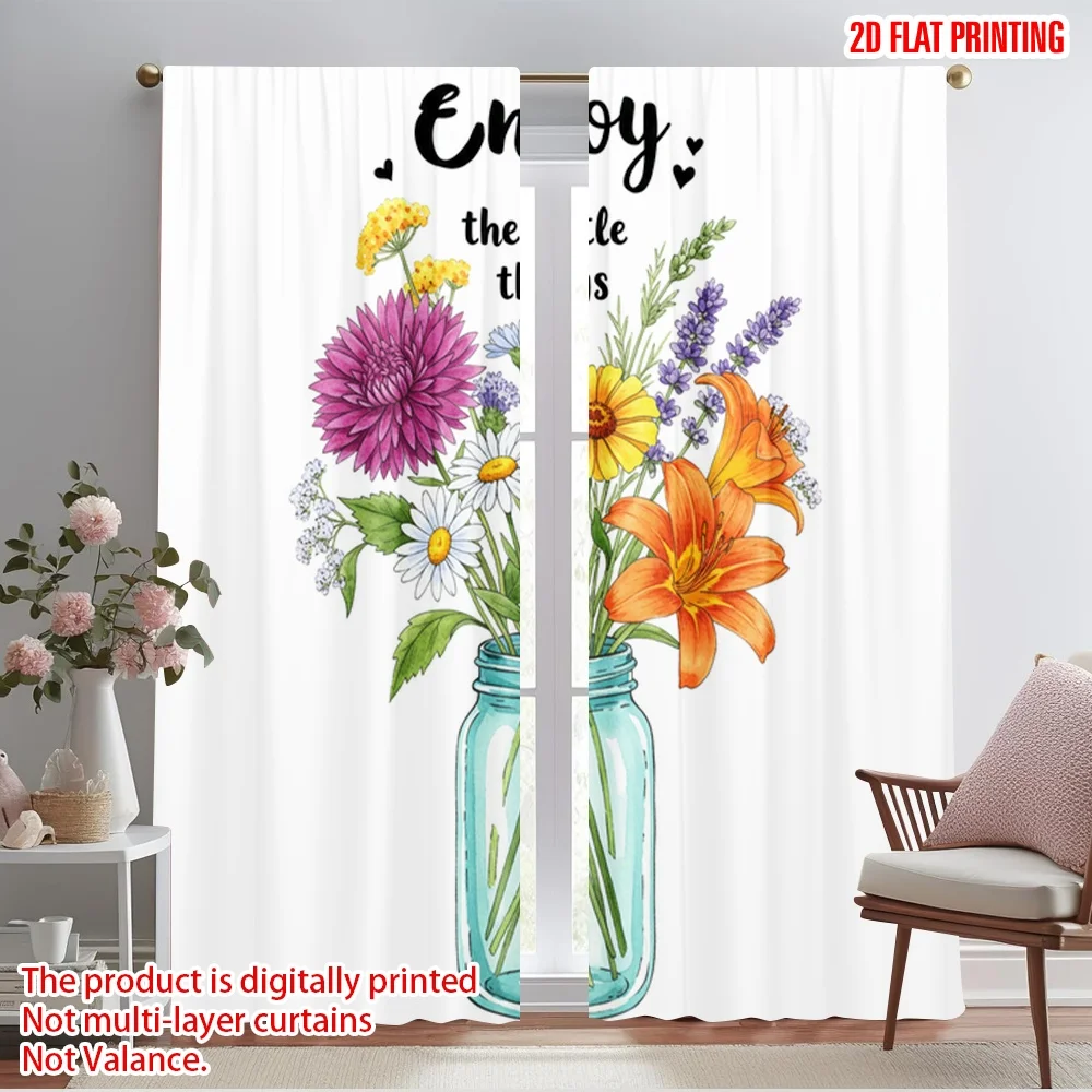 

2pcs 2D flat printing Curtains Enjoy Little Things Flower Jar 100% Polyester Without Electricity All Season Party & Holiday