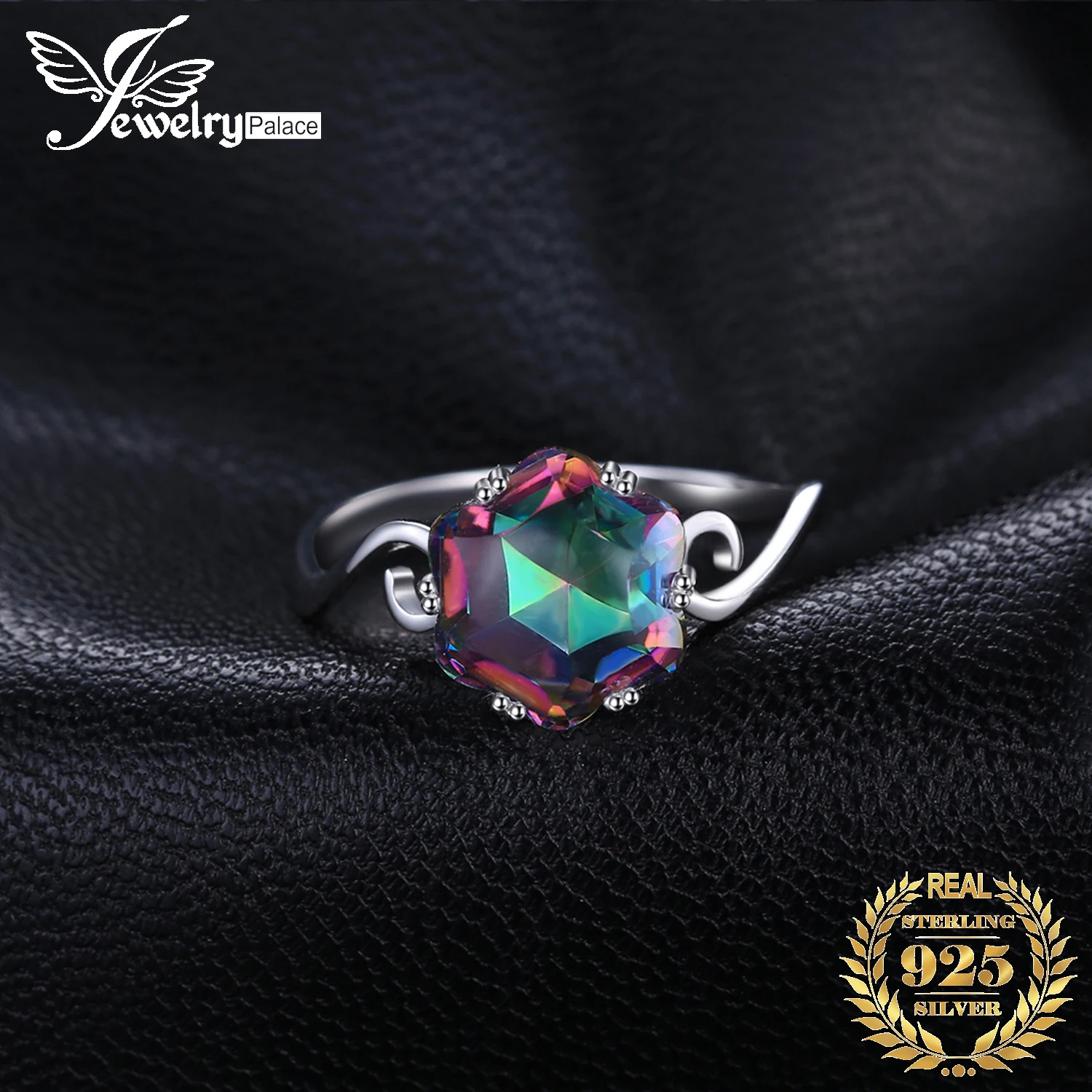 JewelryPalace Flower Natural Rainbow Mystic Quartz 925 Sterling Silver Ring for Women Fine Jewelry