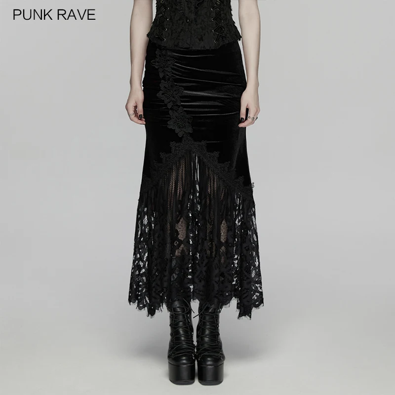 PUNK RAVE Women's Gothic Velvet Eyelashes Shape Lace Elegant Fishtail Skirt Interprete Romance Party Long Skirts Two Colors