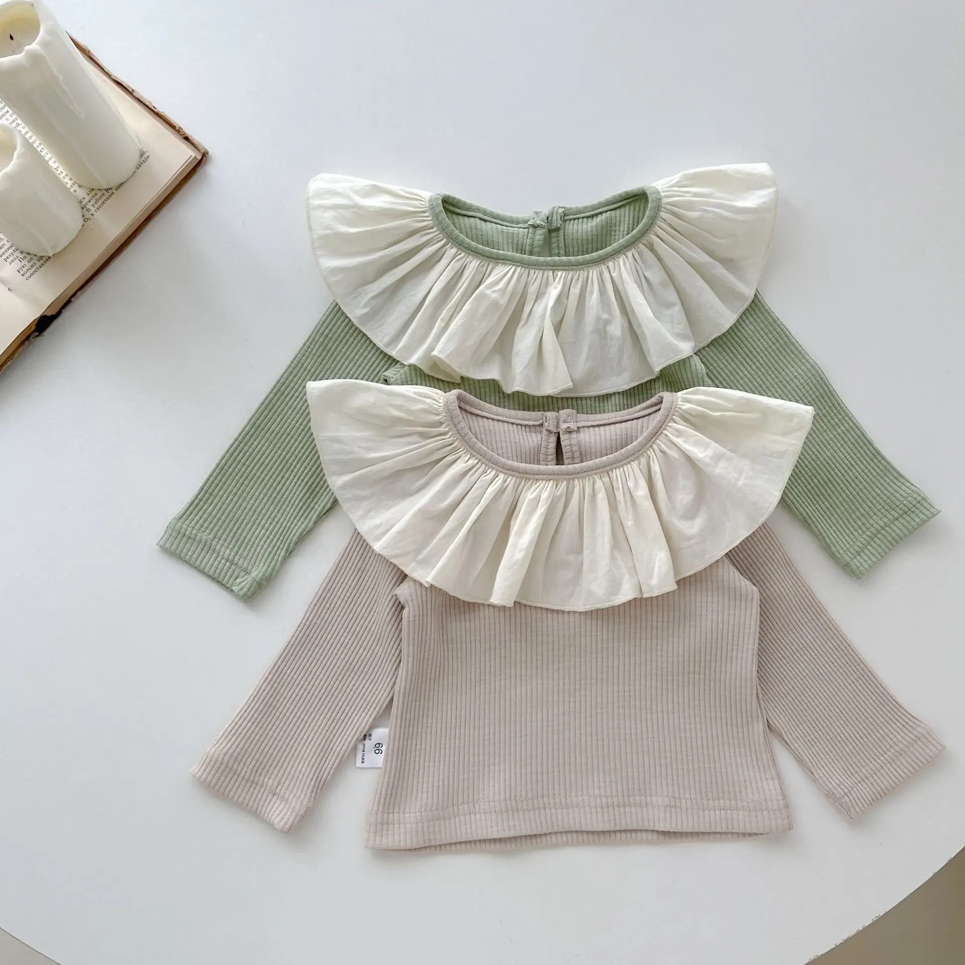 Spring and Autumn Baby Girls Pit Bar Long Sleeve T-shirt for Female Baby Big Lotus Leaf Collar Color Blocked Top