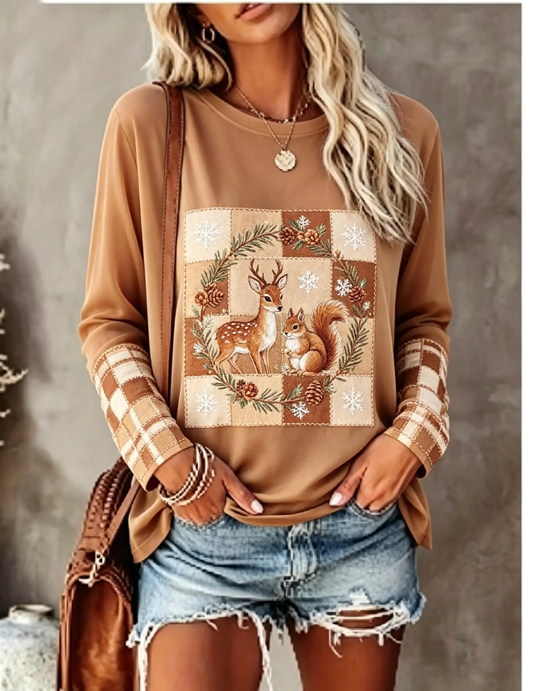 Women Long Sleeve T Shirt Deer Squirrel Patchwork Plaid Wreath Pinecone Snowflake Print Crew Neck Casual Fall Tops
