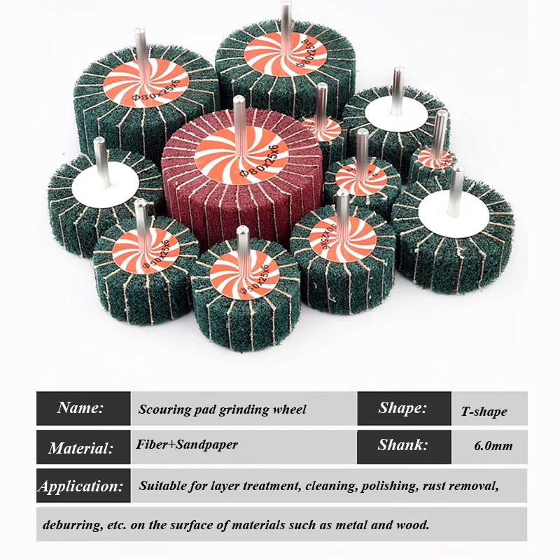 Scouring pad grinding head with shank6.0mm drawing wheel for stainless steel fiber+sand flap wheel for metal grinding Dia20~80mm