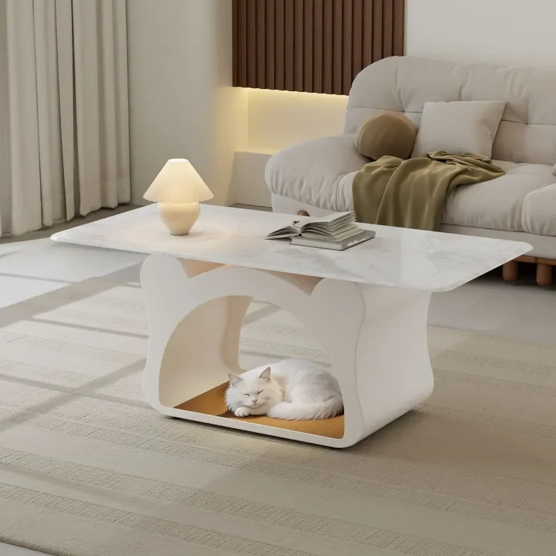Rectangular Supercrystalline Stone Coffee Table with Cat Cabin Storage Simple Living Room Furniture Creative Design