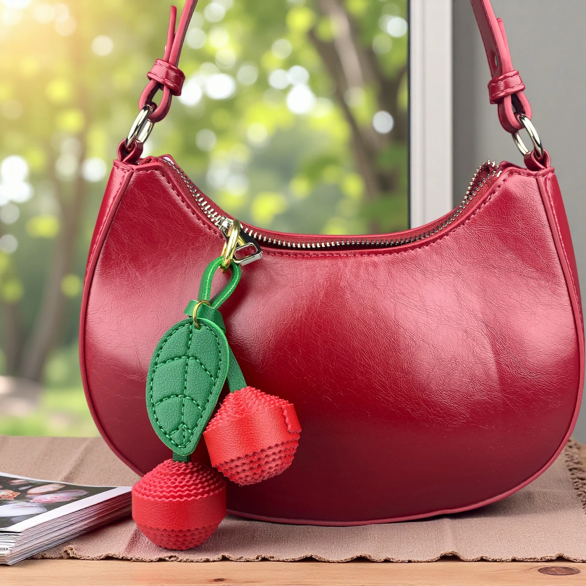 Trendy 3D Layered PU Leather Cherry Bag Charm-Handmade Fruit Pendant-Cherry Charm-Leather Pendant-Gift For Her-Birthday Gift