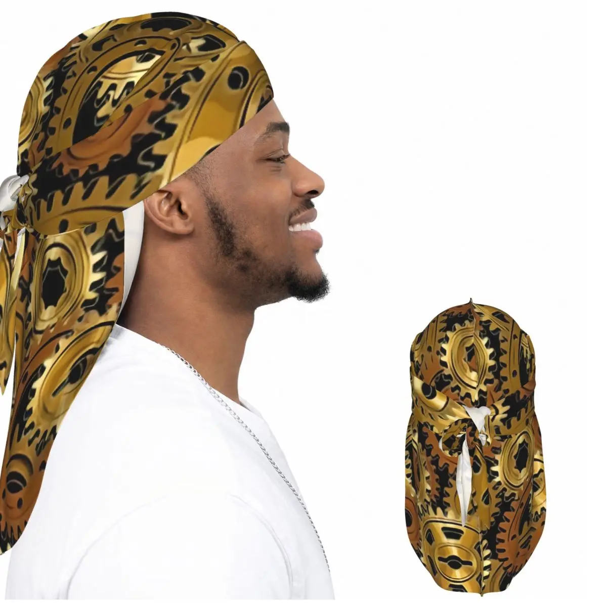 Men Satin Durag Long Tail Doo Rag Mechanical Machine Gears Steampunk Style Hip Hop Headwrap Hair Scarf