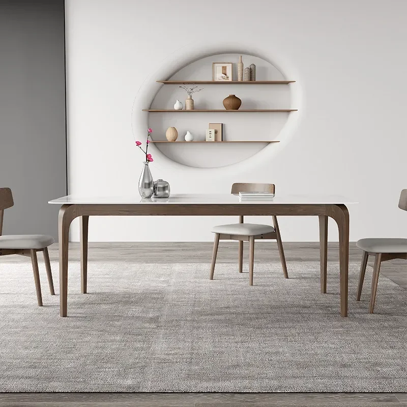 Solid Wood and Rock Slab Dining Table Rectangular Modern Simple Nordic Style Ash Walnut Finish for Small Apartment Home Use