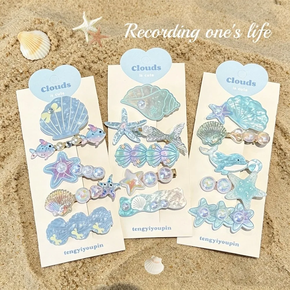 5Pcs/Set Sweet Ocean Series Shell Starfish Hair Clips Set Side Clip Pink Princess Headdress Conch Pearl Barrette Beach
