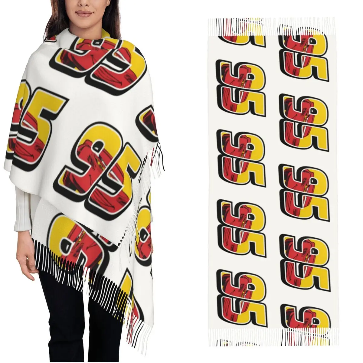 Womens Scarf with Tassel Cars Lightning Mcqueen Number 95 Large Winter Fall Shawl Wrap Cartoon Gifts Cashmere Scarf