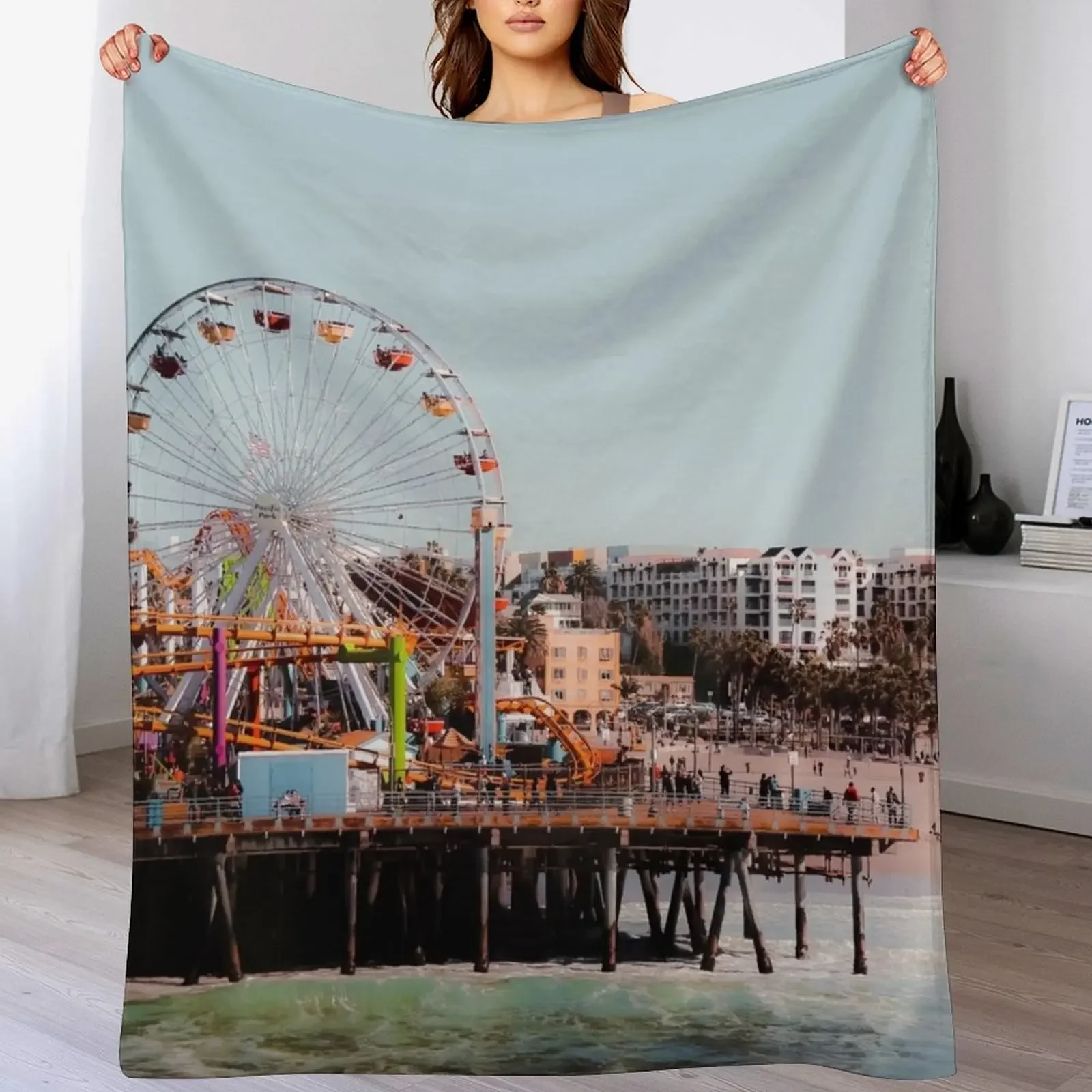 

colorful ferris wheel at Santa Monica pier California USA Throw Blanket Warm Flannel Blanket for Couch Chair Bedroom