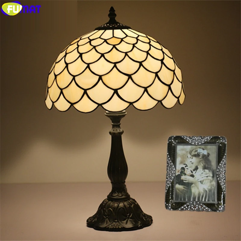 FUMAT tiffany style colorful desk lamp gemstone lampshade stained glass table light dia 12 inch handicraft home decor E27 lamps