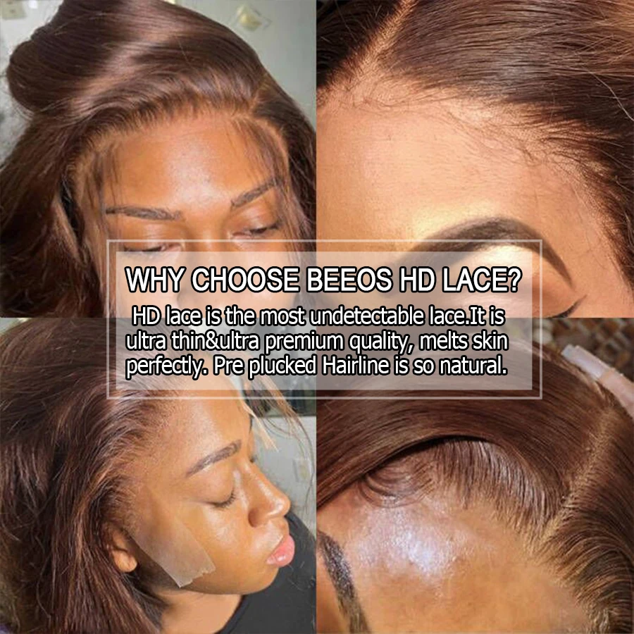 باروكات أمامية كاملة بدانتيل أمامي مقاس 13 × 6 عالي الدقة # 4 باروكات قصيرة مموجة بالماء بني شوكولاتة، باروكات مجعدة، شعر بشري منتفخ مسبقًا بنسبة 100%