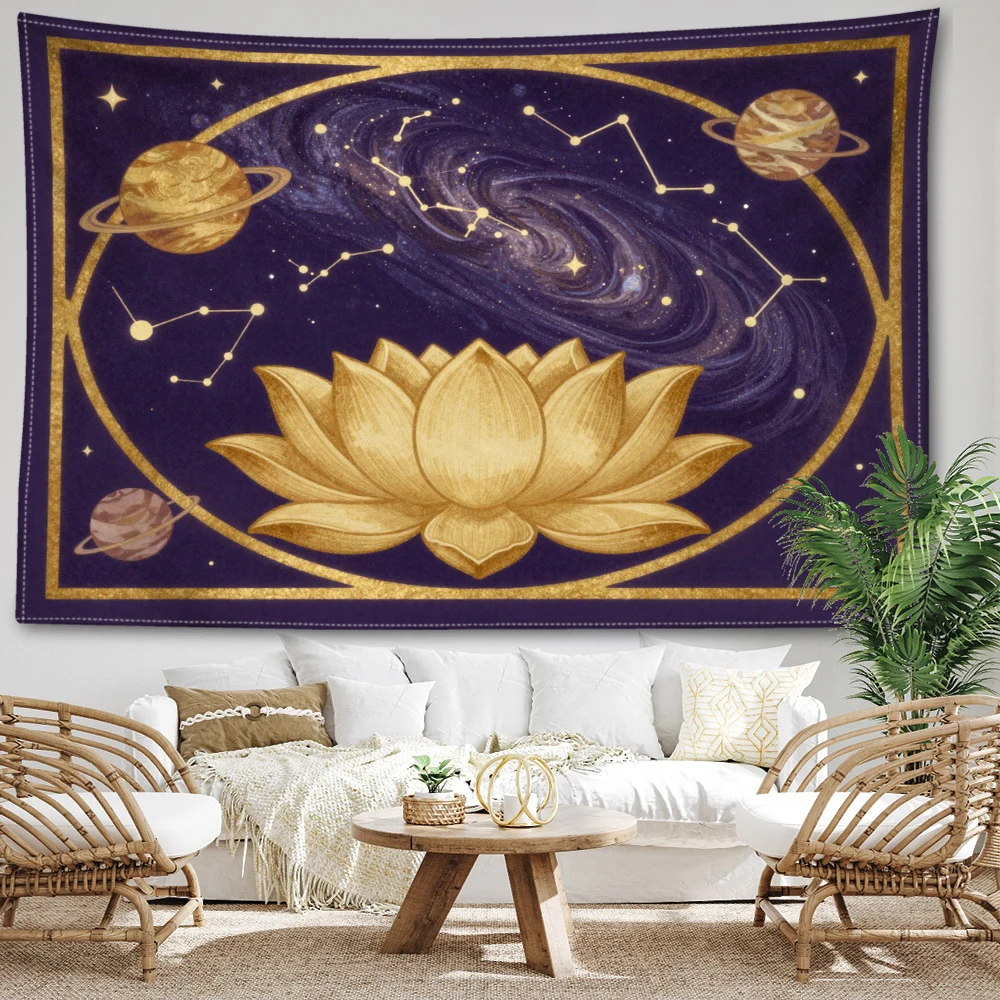 Deep Purple Golden Lotus Constellation Planet Wall Tapestry, Cosmic Boho Decor