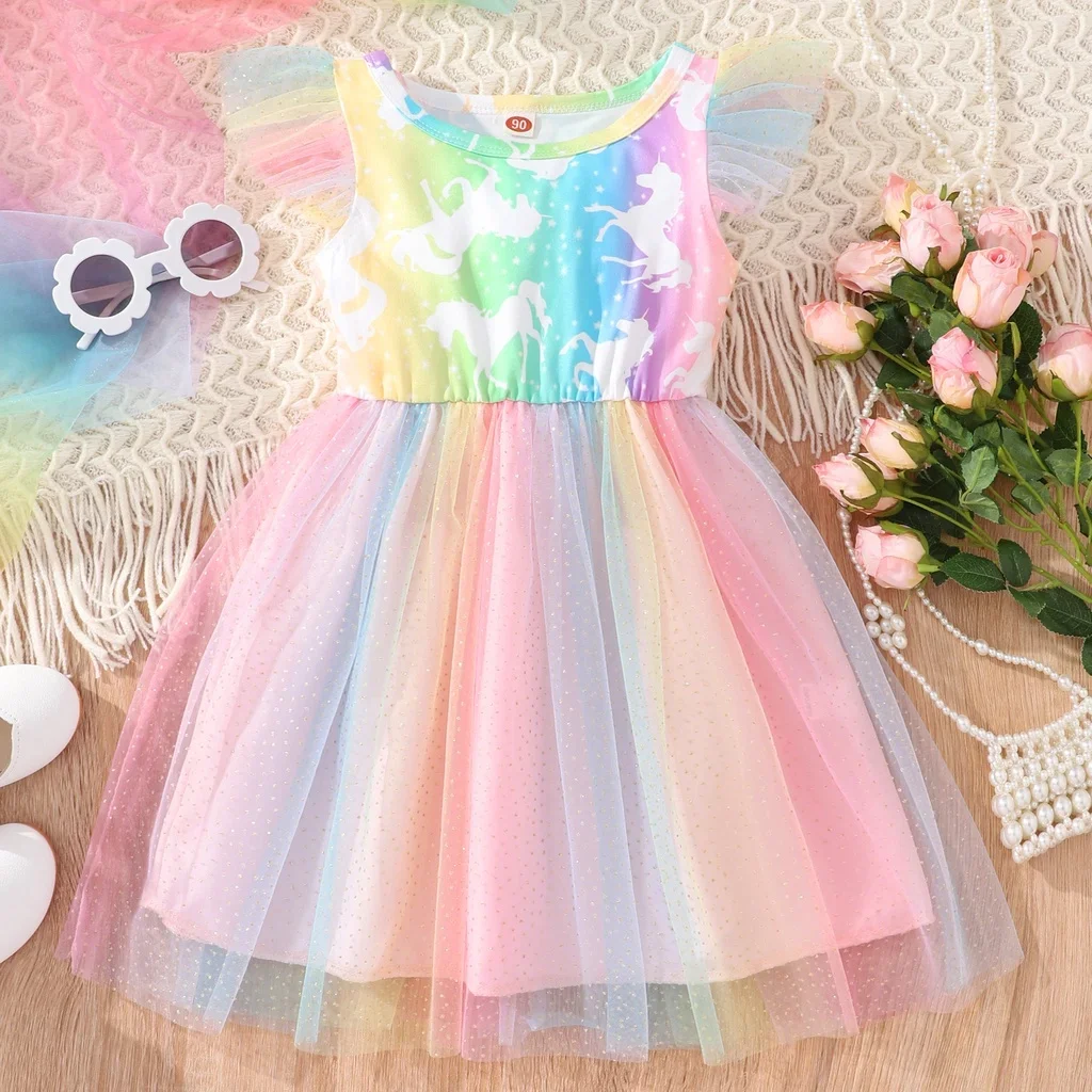 2024 Mesh Dress Baby Girl 1 2 3 4 5 6 Years Old Rainbow Summer Short Sleeve Girl Princess Dress Birthday Toddler Girl Kids Dress