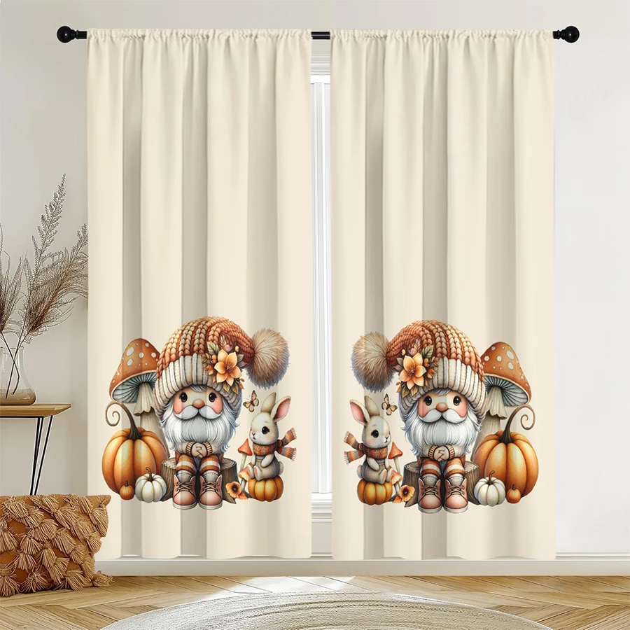 2PCS Digital Print Curtain, Fall Gnomes Squirrel Mushroom Pumpkins, Beige Thanksgiving Style for Living Room Bedroom Decor