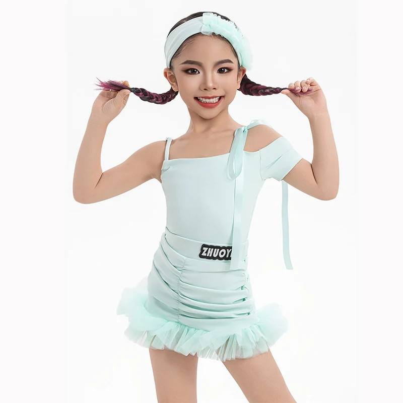 

2025 Kids Latin Dance Costume Girls Summer Mint Green Practice Clothes Suit Cha Cha Dance Performance Competition Dress DNV22976