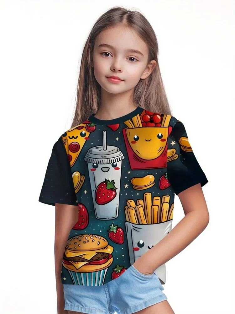 Kid's 3D Printed Food Graphic T-Shirt Burgers Fries & Pizza Artistic Design Tshirts For Child Summer Round Neck Short Sleeve Tee
