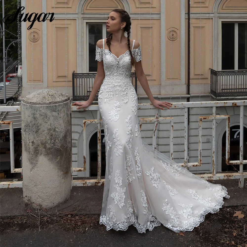 

Gorgeous Mermaid Wedding Dresses Customized Off Shoulder Lace Appliques Button Tulle Spaghetti Straps Bridal Gown Sweep Train