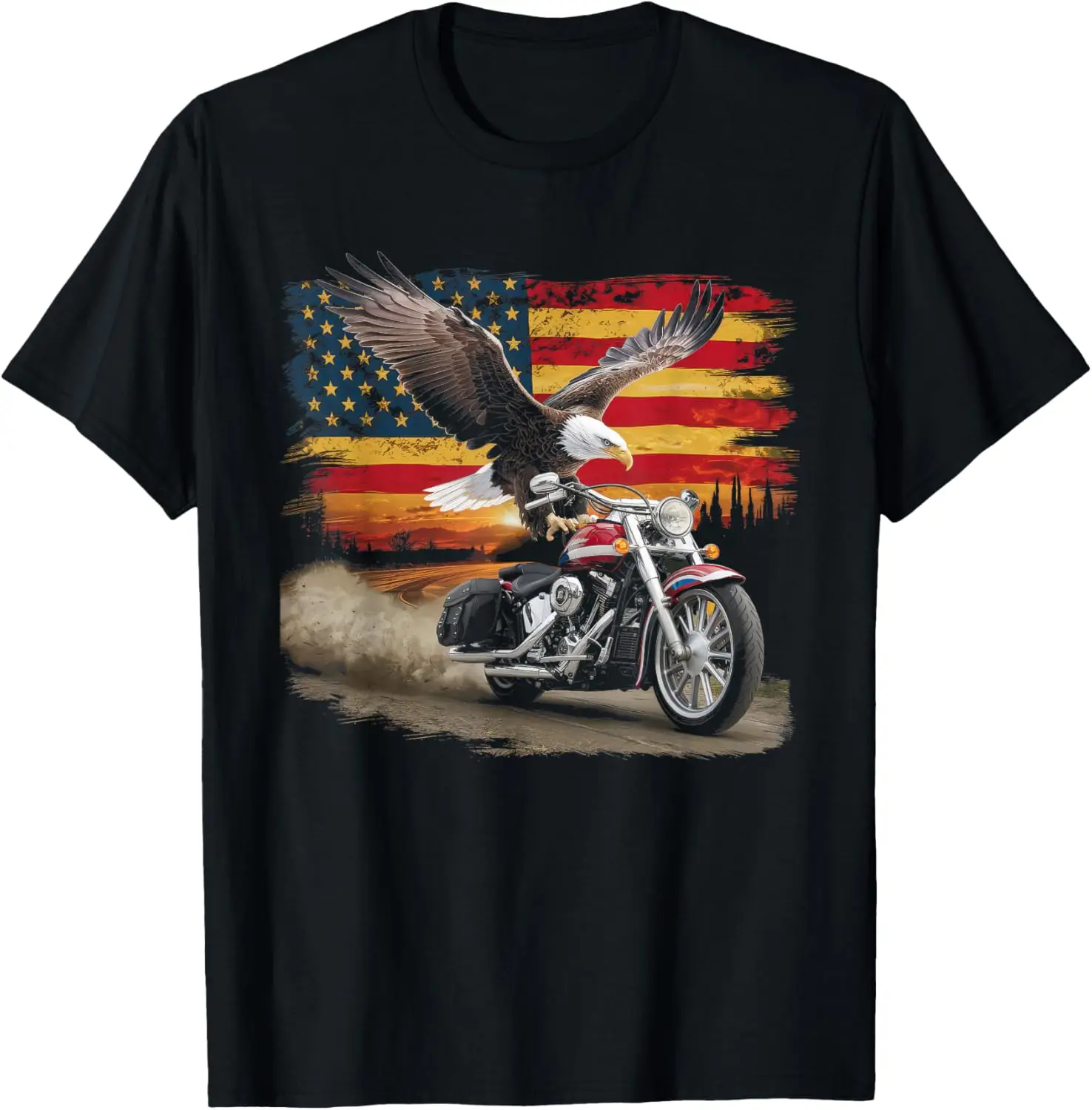 

American Flag Eagle Motorcycle Biker T-Shirt Men's Retro Cotton Graphic Tee Trip