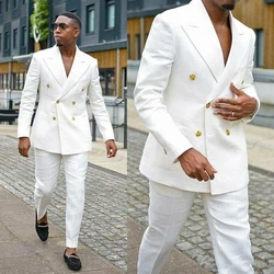 Handsome Men's Formal White  Suits Groom Wear Double Breasted Party Wedding Peaked Lapel Tuxedos(Jacket+Pants)