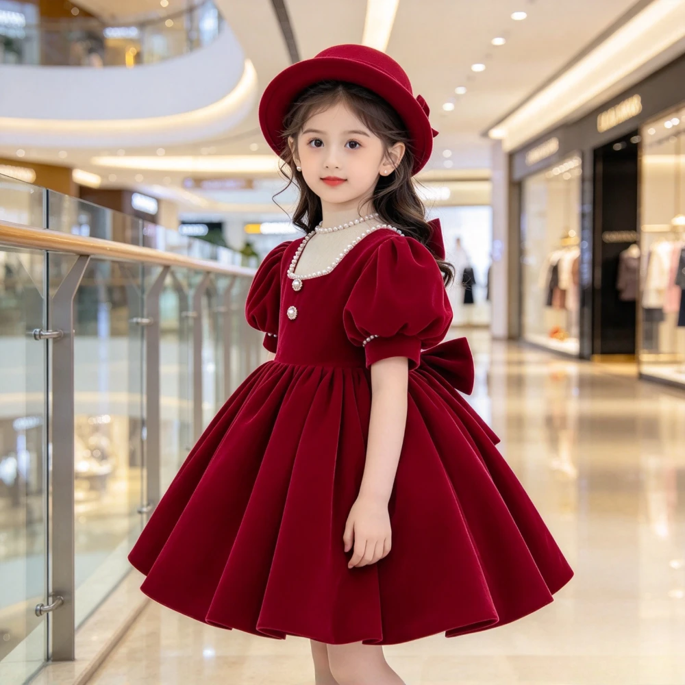 2026 Children First Birthday Wine Red Party Dress Princess Tutu  Performance Kids Formal AttireGown Flower Girl Wedding