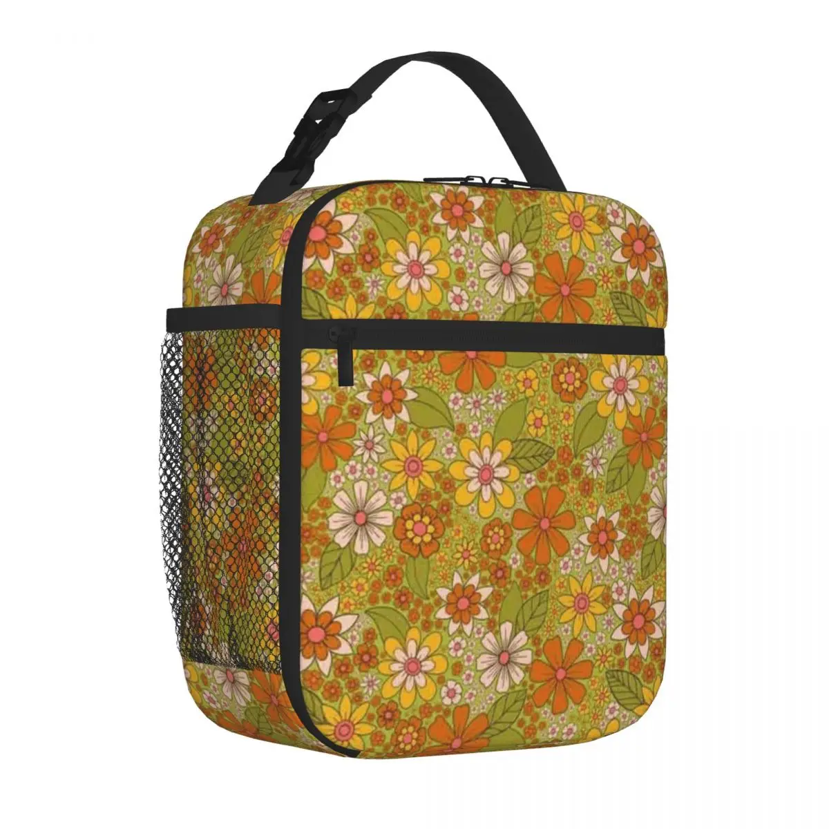 Bestselling 1960s 1970s Retro Floral In Green Pink Orange - Flower Power Three nt Neoprene Lunch Bag Safari Lunch Food Tote Bag