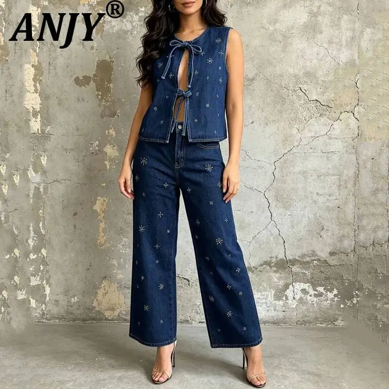 

ANJY Spring Summer New Women Elegant Embroidered Flares Bandage Sleeveless Denim Vest Trendy High Street Casual Jeans Set A24936