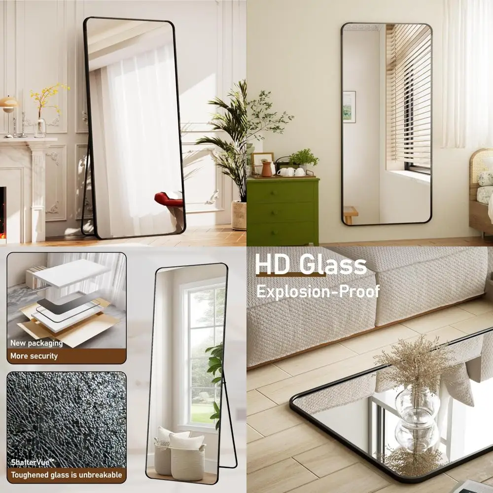 Full Length Black Floor Mirror 71x26, Rounded Corners, Standing or Leaning, Ideal for Home and Beauty Salons