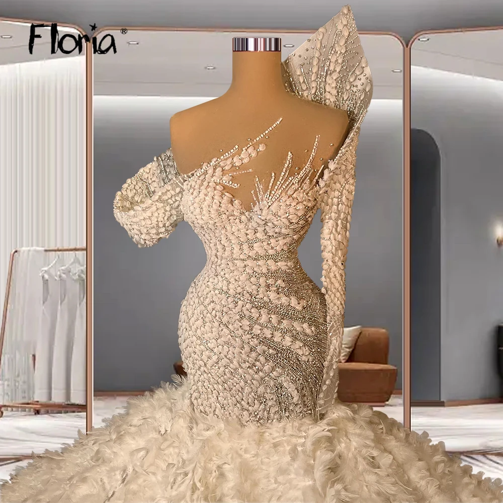 Gorgeous Feathers One Single Sleeve Puffy Prom Gowns Custom Made For Women and Girls Vestidos De Gala African Plus Size Formal