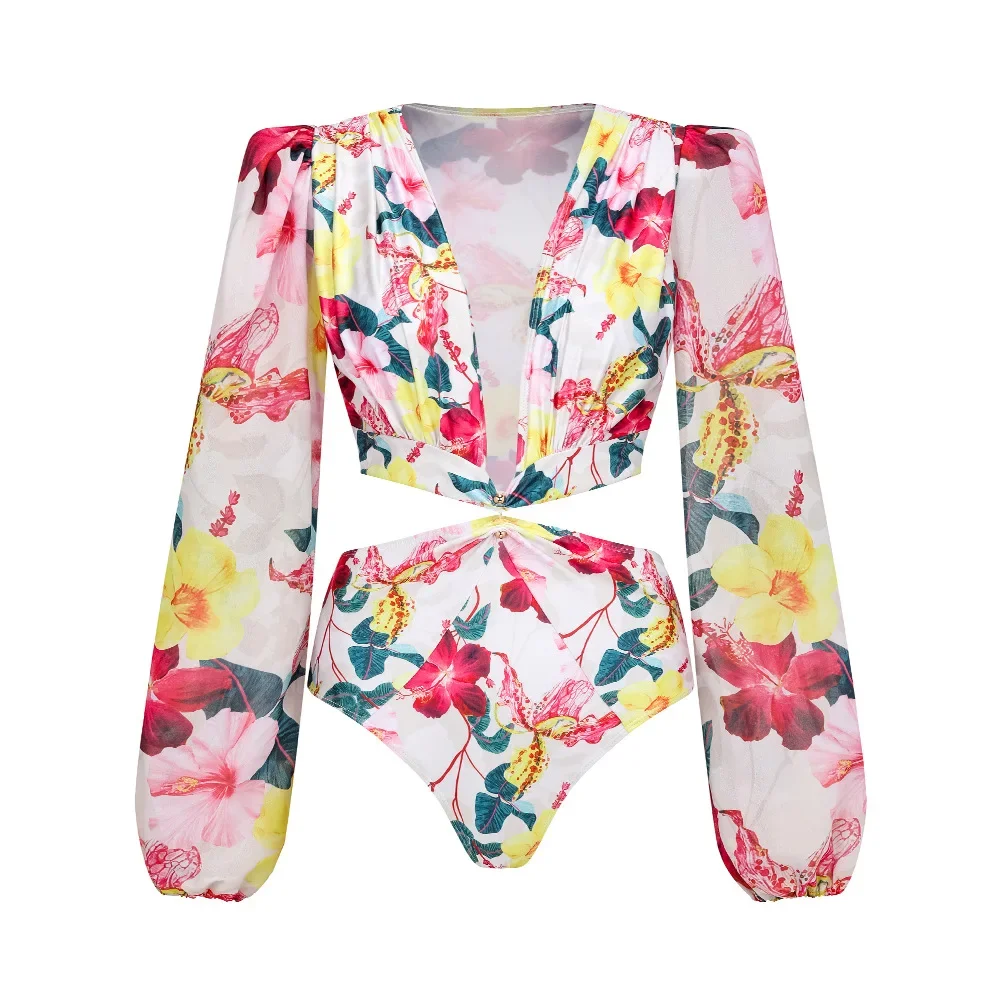 Women's Ruffled Floral Print Swimsuit, One-Piece Swimwear, Waistbelt, Cover-up, Beach Vacation, Long-sleeved Bikini