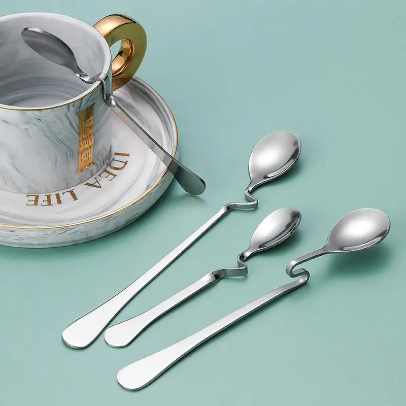 Stainless Steel Hanging S-Shaped Spoon Non-deformable Curved Handle Smooth Edge for Coffee Tea Kitchen Bar Outdoor Picnic Use