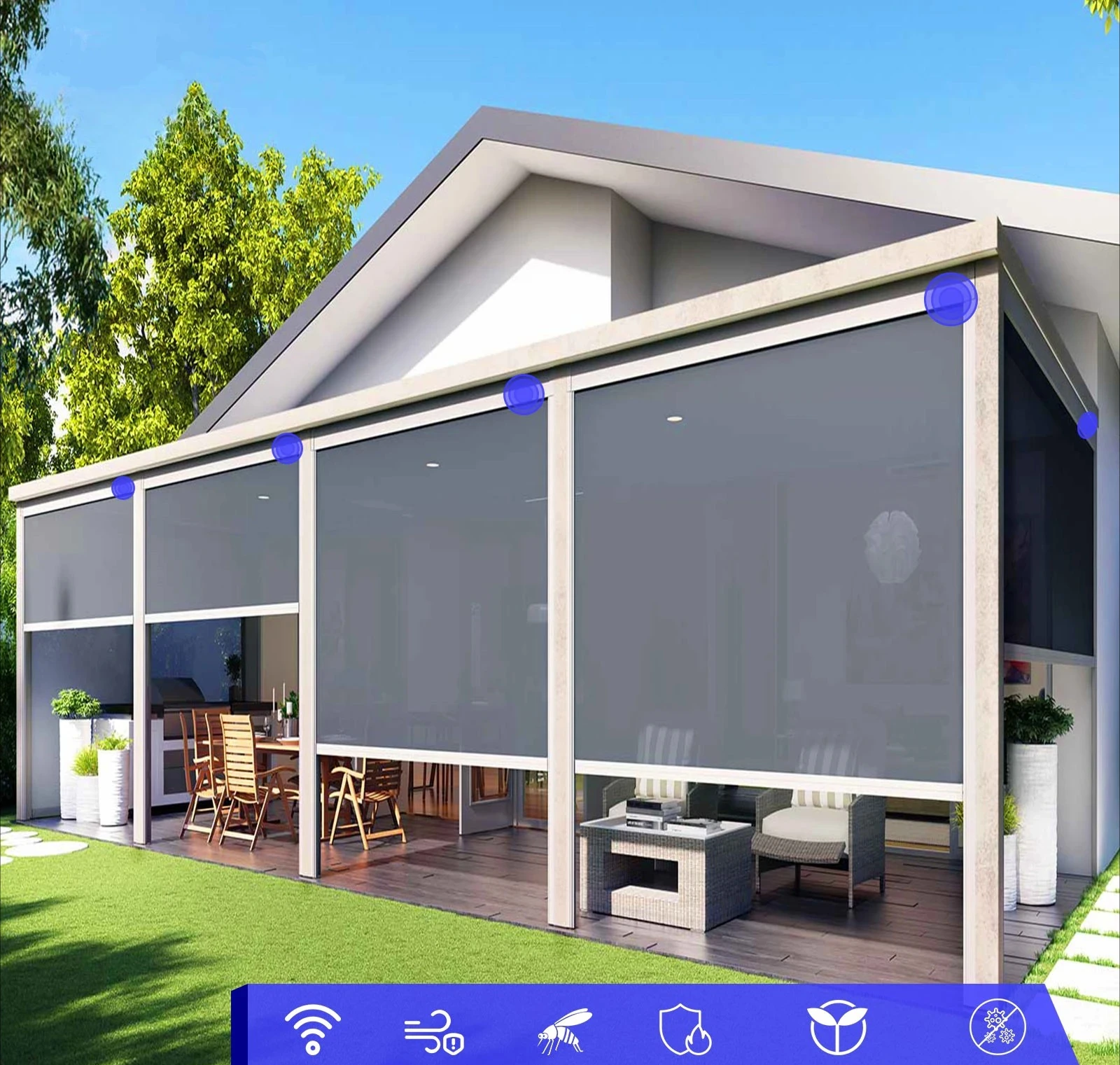 Roller Blind High Quality PHIFER Fabric Custom Size Compatible with Google Home and Alexa BOLAIEN Ziptrack Blind Smart Outdoor
