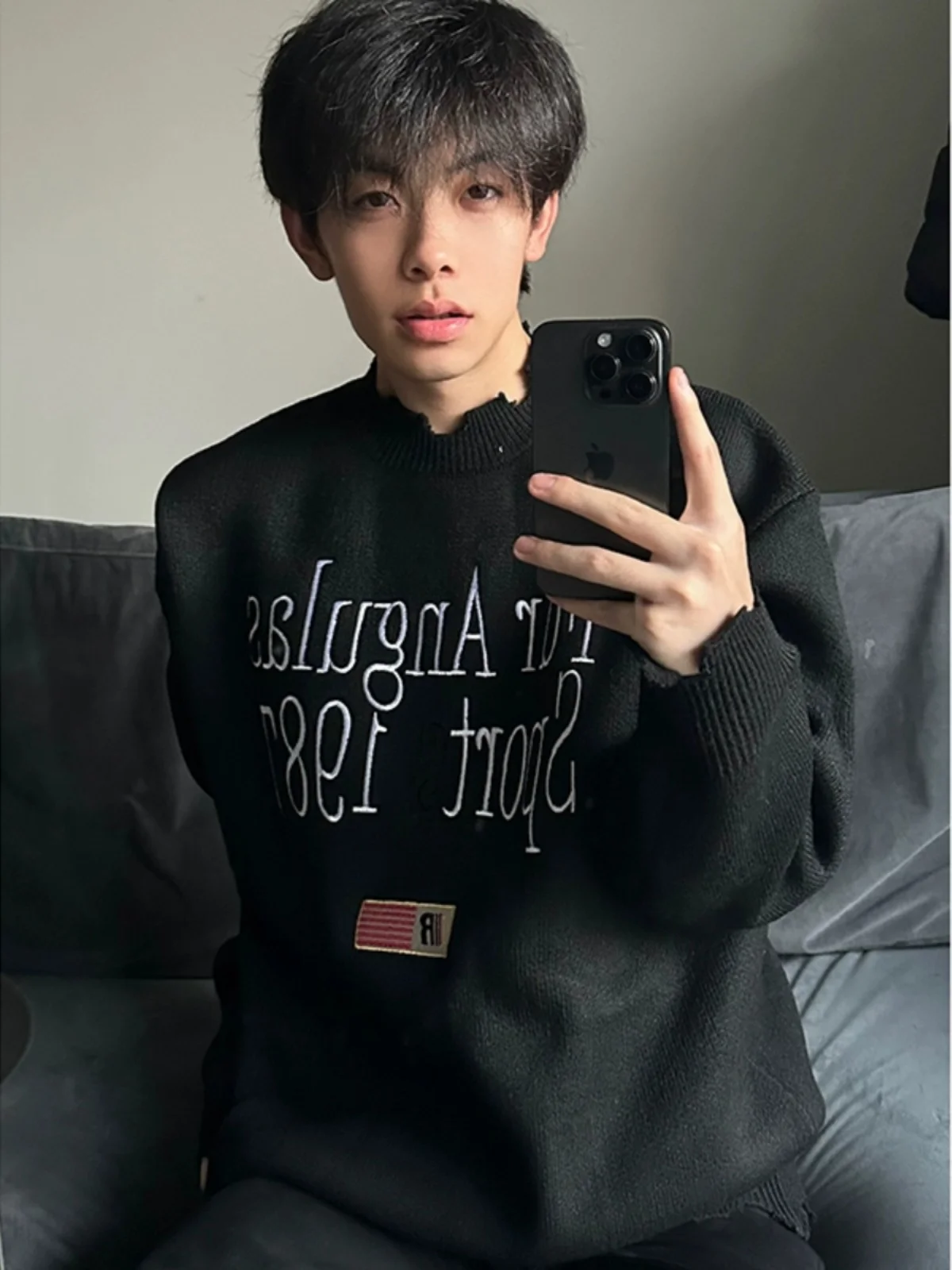 

Men's Winter Knitted Sweater Letter Print Embroidery Hole Design Casual Brand American Sle Loose Fit Long Sve round Ne