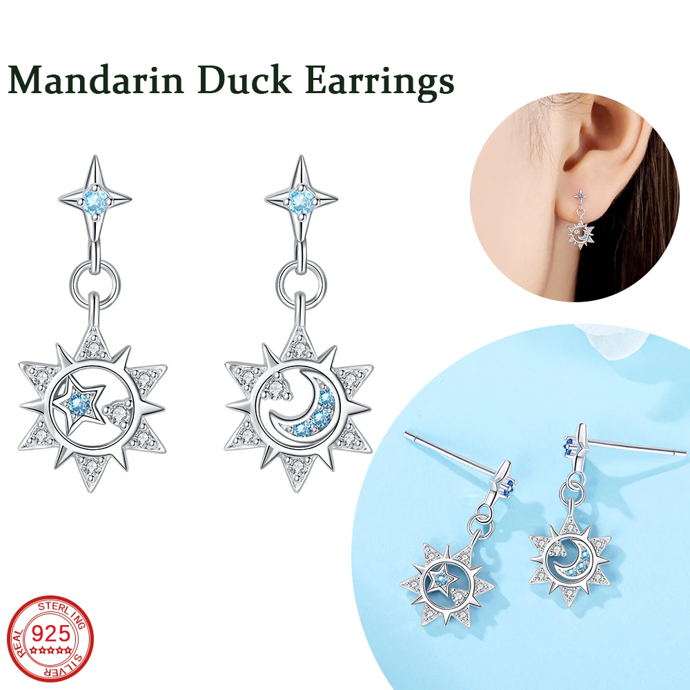 New 925 Sterling Silver Hollow Out Octagonal Star Moon Mandarin Duck Earrings Engagement Wedding Jewelry