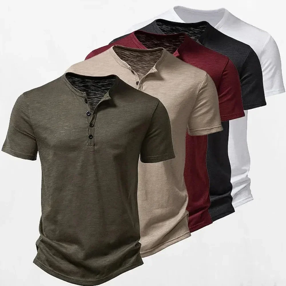 Henley Collar Men Casual Solid Color Short Sleeve T Shirt for Men Slub cotton High Quality Mens T Shirts Streetwear New Arrival