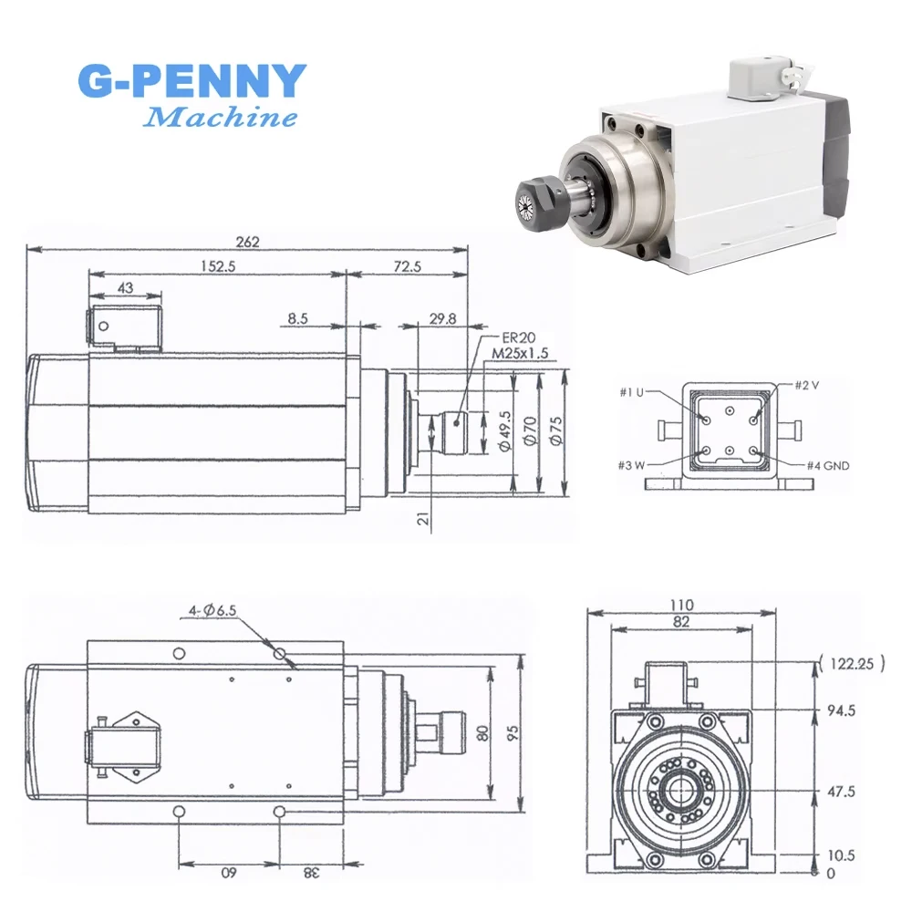 G-penny 1.5kw ER20 air cooled spindle motor square spindle air cooling 4 pcs bearings 0.01mm accuracy for CNC engraving