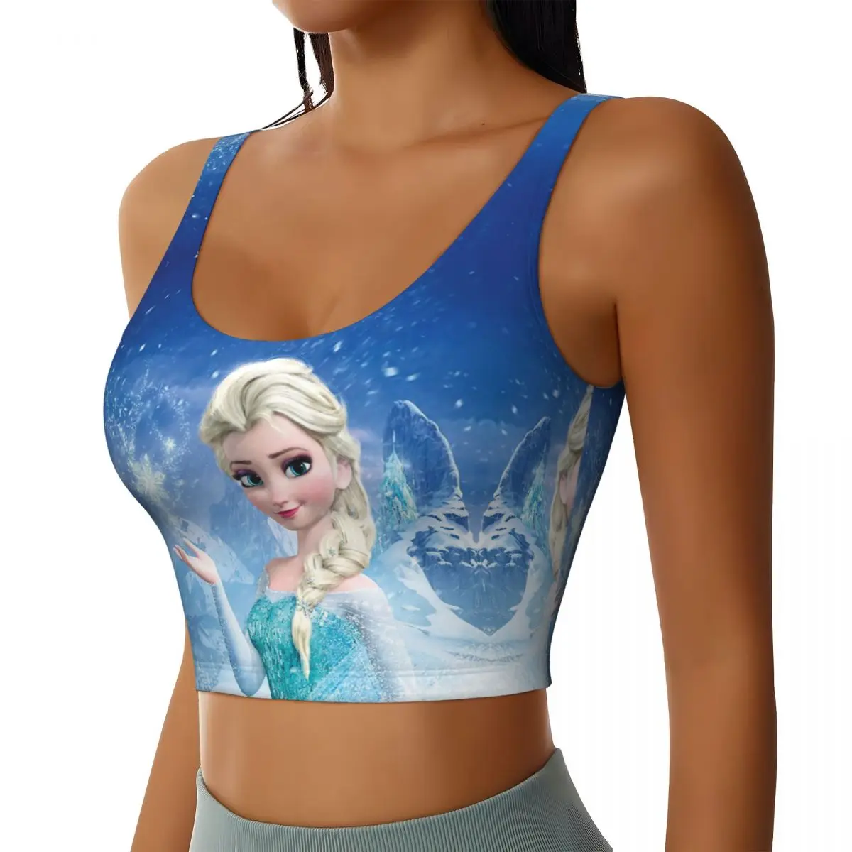 Custom Cartoon Anime Frozen Princess Elsa High Impact Sports Bras Women's Seamless Workout Yoga Crop Tank Tops