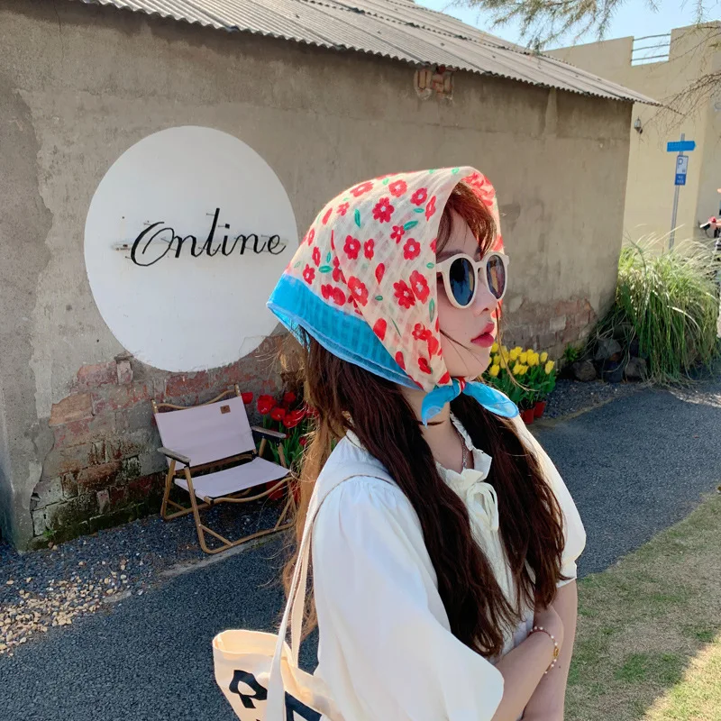 Vintage Original Design Cotton Linen Small Square Scarf Sweet Cute Floral Print Lightweight Soft Comfortable Womens Neck Wrap