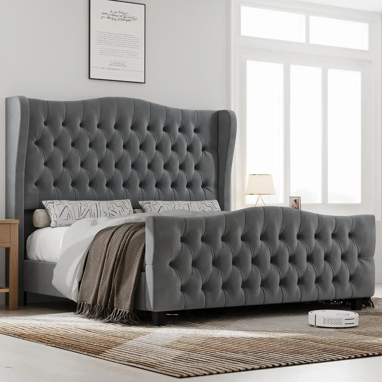 King Size 54.3” Tall Platform Bed Frame with Deep Button Tufted Wingback Headboard and Footboard, Velvet Upholstered Bed Frame